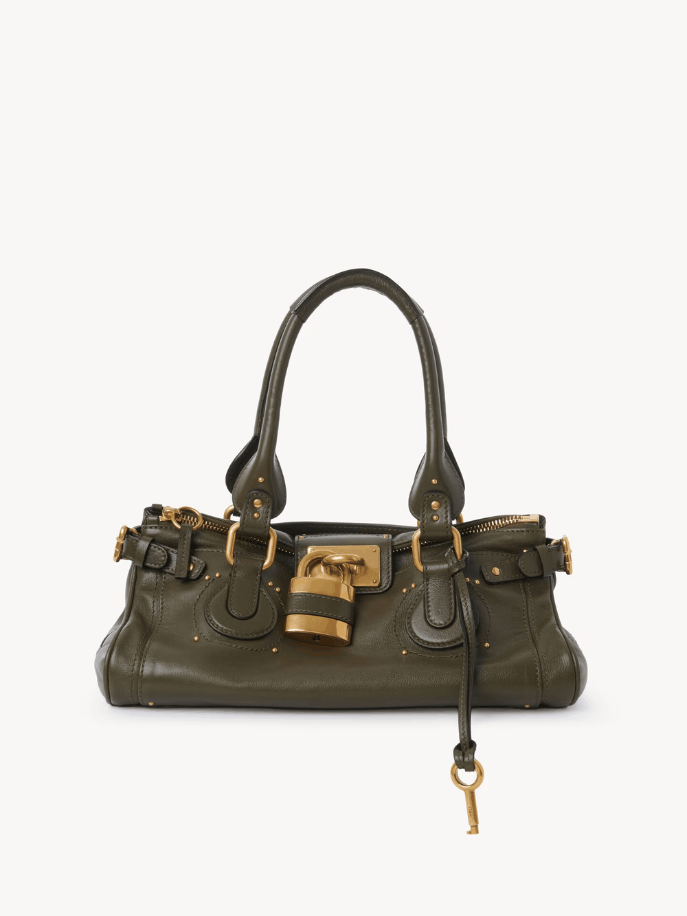 Marcelle Lock Handbag in olive vegan leather with oversized gold lock and double handles, vintage-inspired compact design