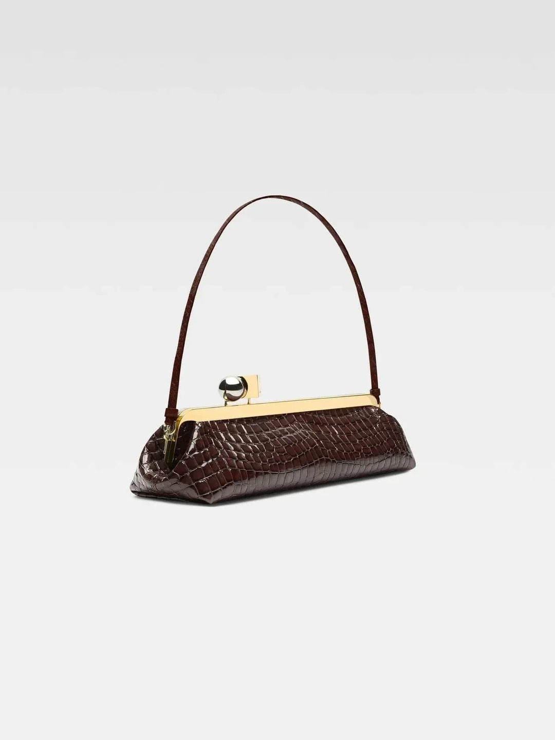 Sleek Venti clutch bag in dark brown vegan leather with gold frame and dual-metal clasp, 35x12x8.5 cm