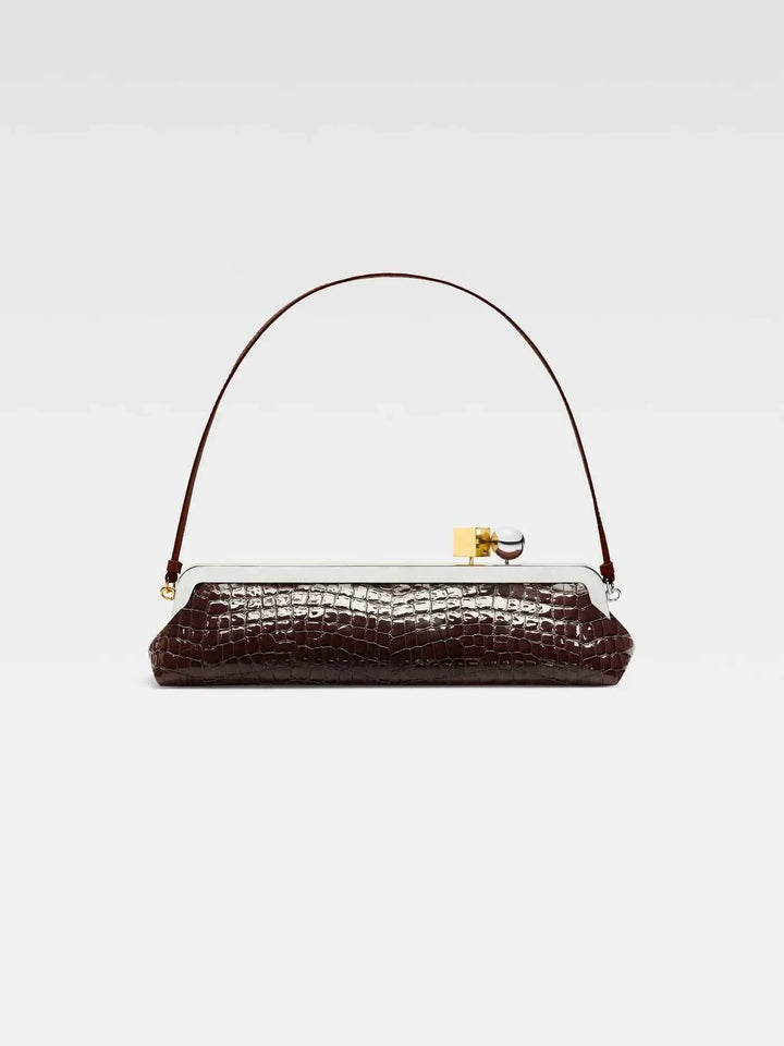 Sleek Venti clutch bag in dark vegan leather with gold frame and dual-metal clasp