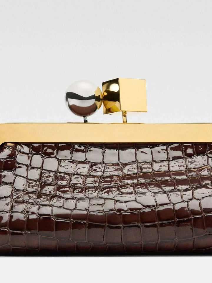 Venti Clutch bag in brown crocodile vegan leather with gold metal frame and dual clasp, 35x12x8.5 cm, elegant evening accessory