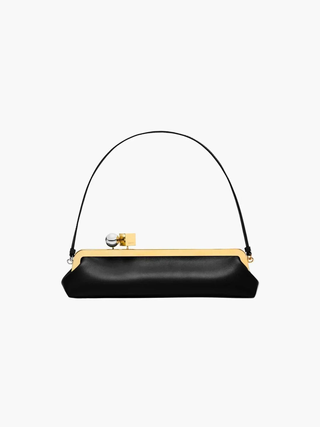 Sleek black Venti clutch bag with gold frame and dual-metal clasp made of smooth vegan leather