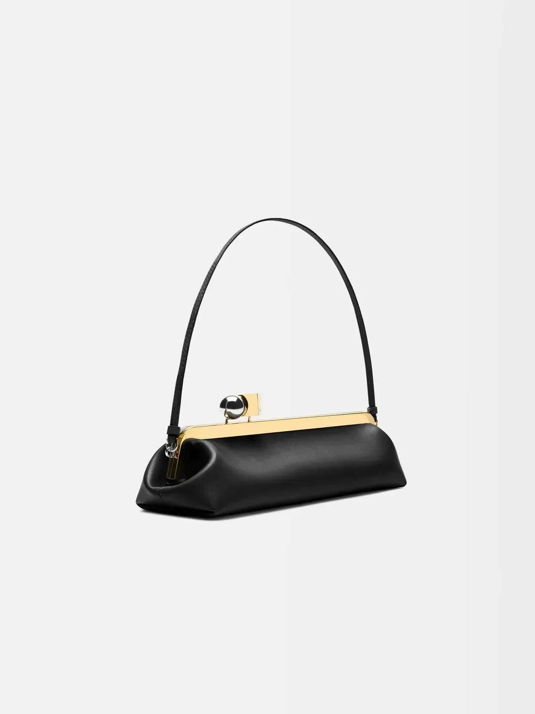 Sleek black clutch bag with gold frame and dual-metal clasp made from vegan leather