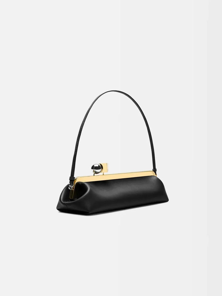 Sleek black clutch bag with gold frame and dual-metal clasp made from vegan leather