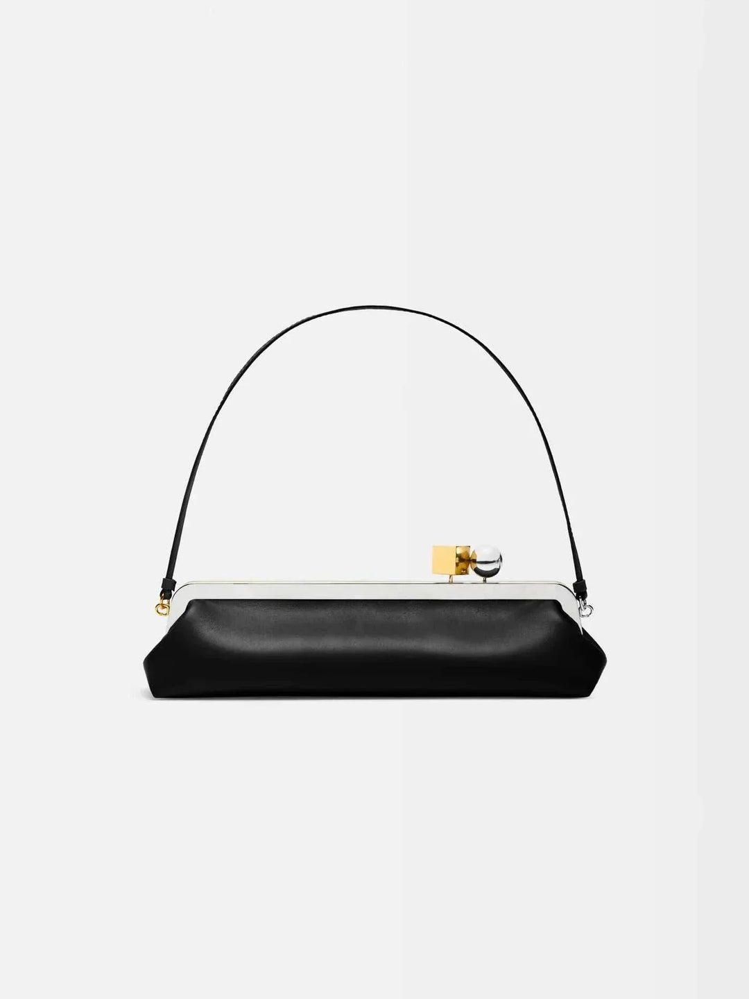 Black Venti clutch bag with smooth vegan leather, gold frame, and dual-metal clasp, 35x12x8.5 cm, elegant evening accessory