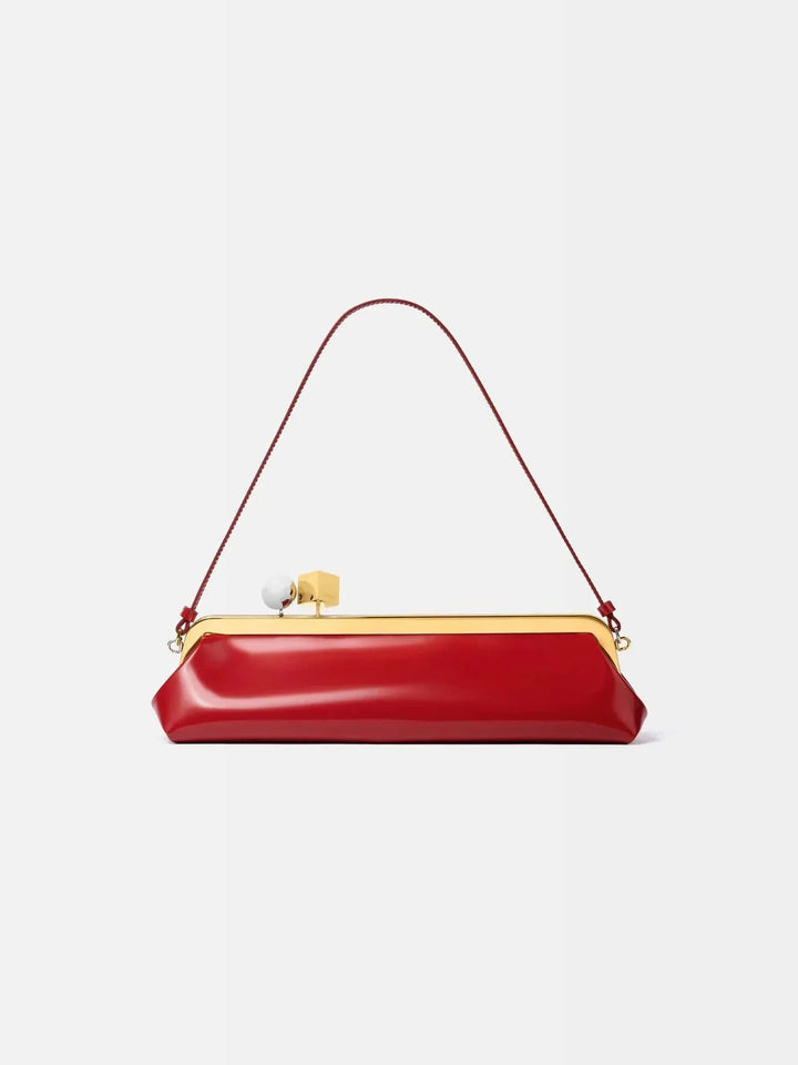 Red Venti clutch bag with gold frame and dual-metal clasp made of smooth vegan leather