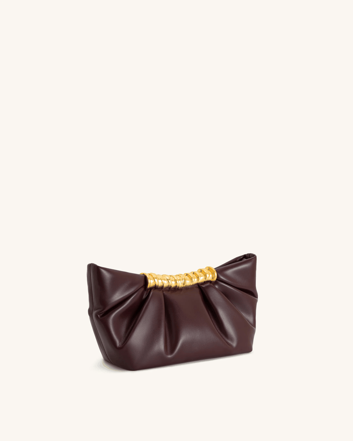 Lia Clutch bag in smooth vegan leather with gold bar accent and gathered pleats, detachable strap, 27.5x14.5x9 cm