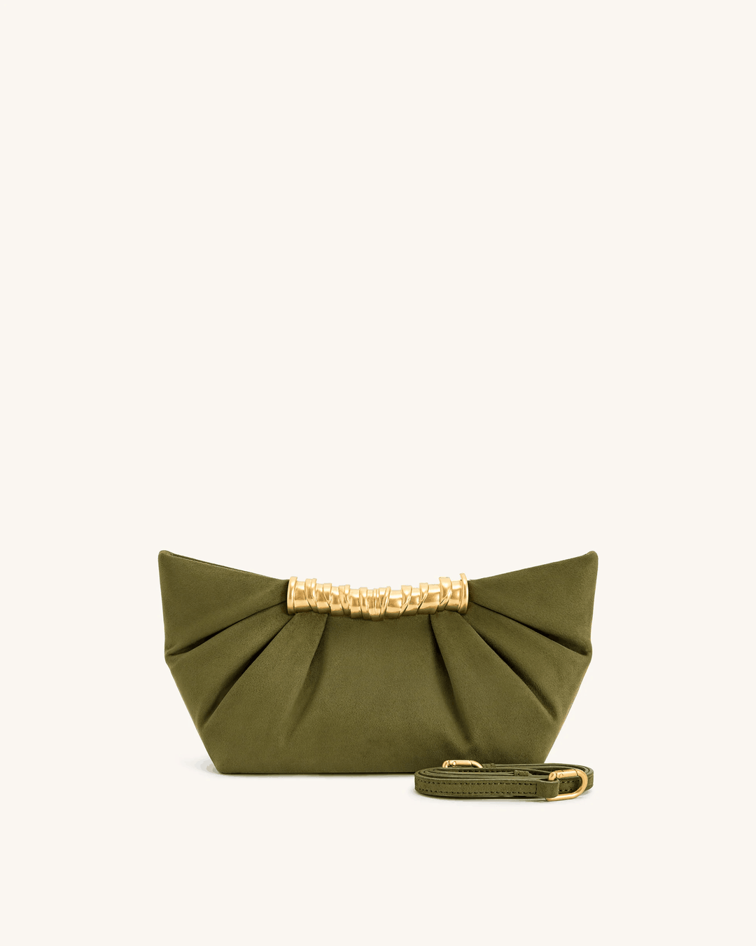 Olive green vegan leather clutch bag with soft pleats and gold bar detail, detachable strap included