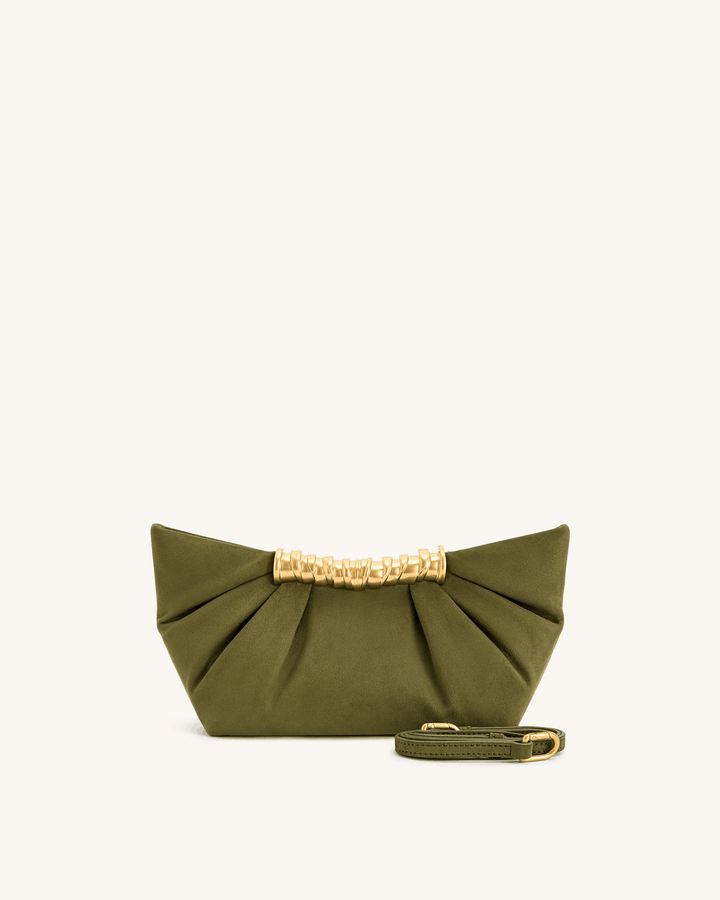 Olive green vegan leather clutch bag with soft pleats and gold bar detail, detachable strap included