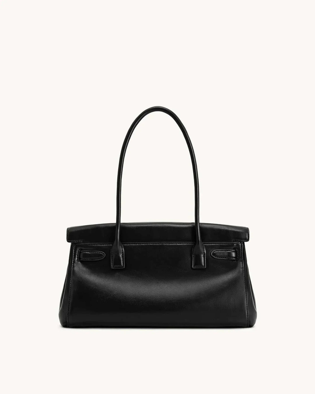 Black Marisse shoulder bag with smooth finish, gold details, and long handles for versatile carrying.