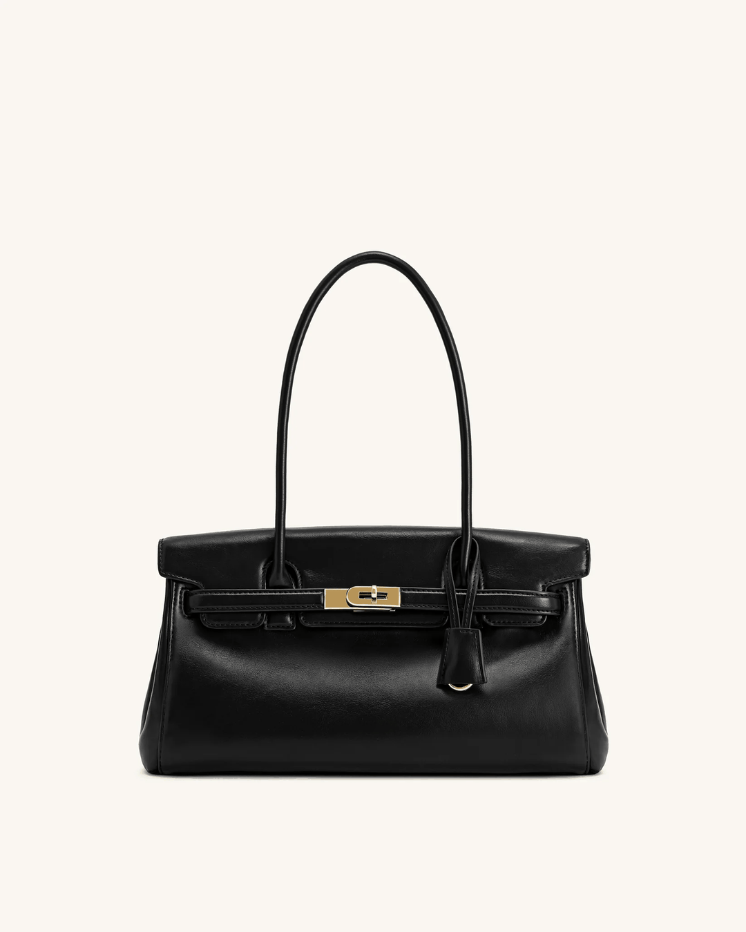 Black structured Marisse shoulder bag with smooth finish and subtle gold hardware