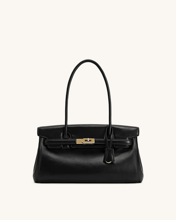 Black structured Marisse shoulder bag with smooth finish and subtle gold hardware