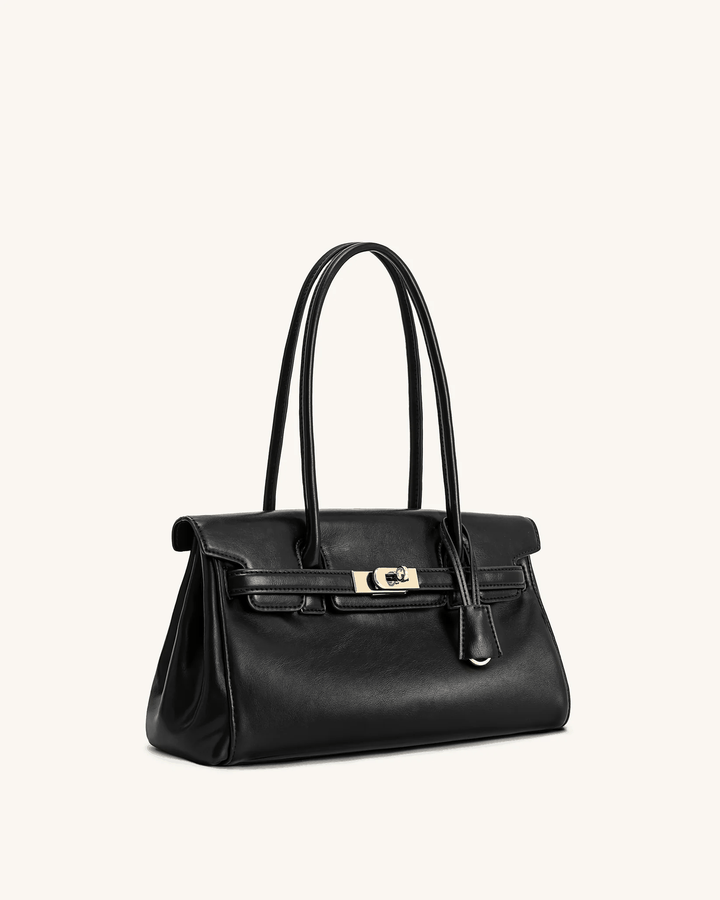 Black Marisse shoulder bag with structured shape, smooth finish, and gold hardware details