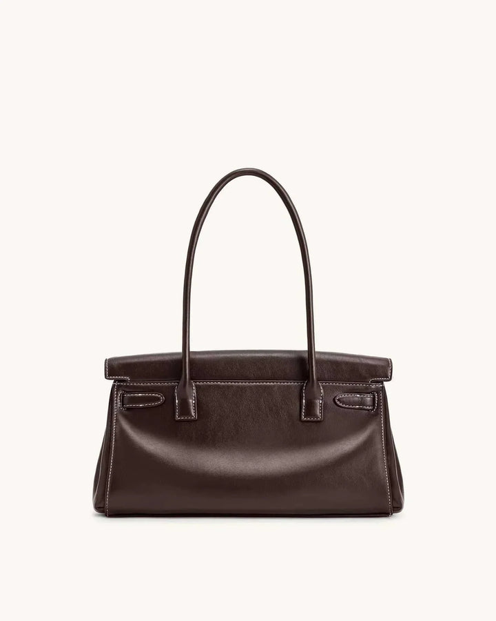 Marisse structured shoulder bag with smooth finish and gold details in dark brown