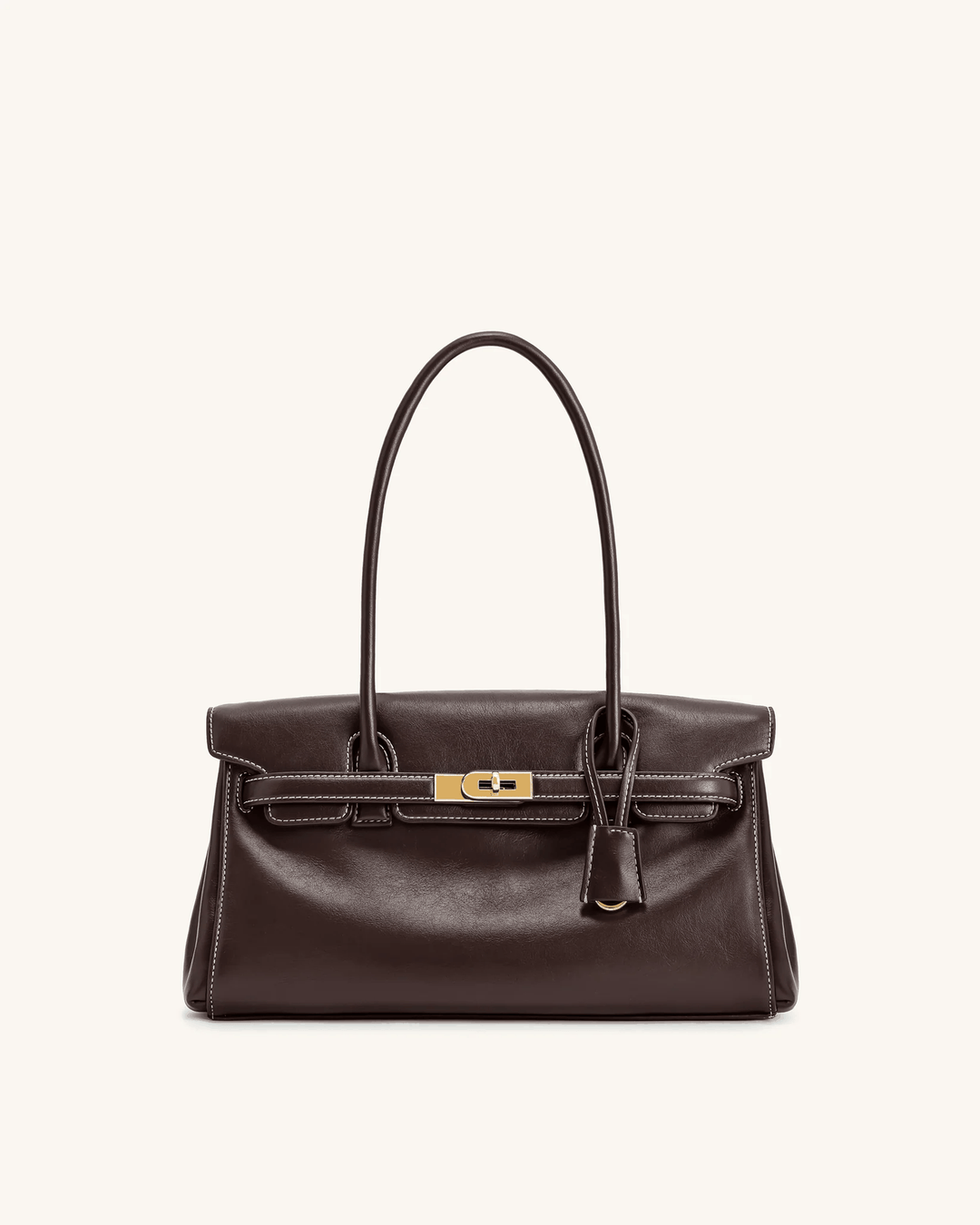 Dark brown structured shoulder bag with smooth finish and gold details, long handles for shoulder or hand carry