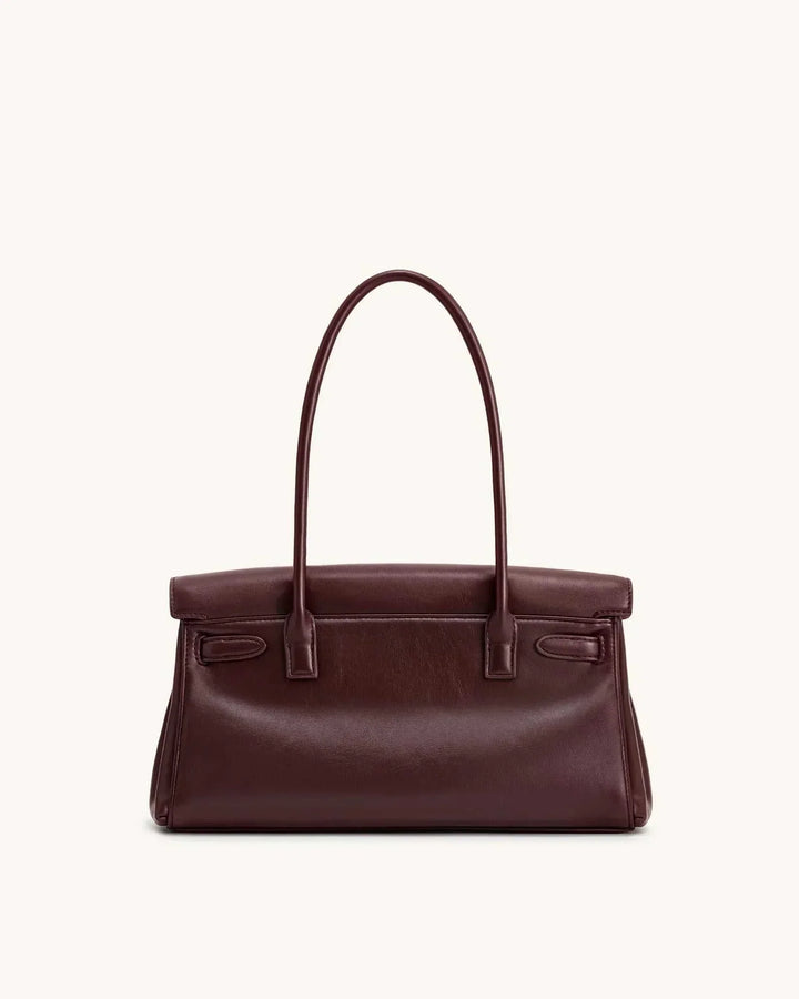 Marisse shoulder bag in brown with smooth finish and gold details, structured design with long handles for shoulder or hand carry