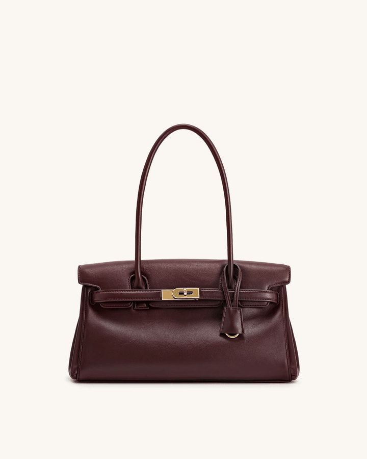 Marisse structured shoulder bag in brown with gold details and long handles