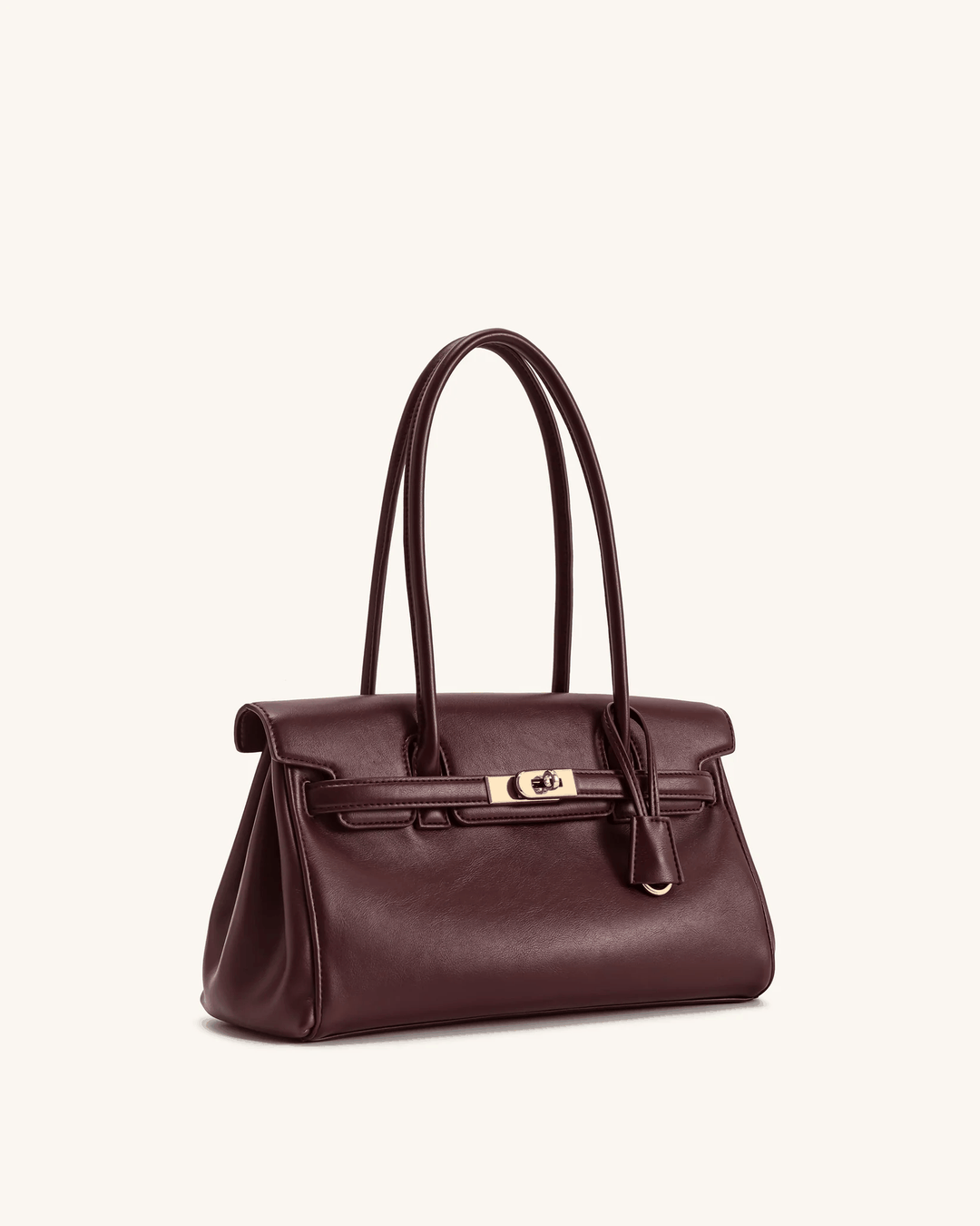 Marisse structured shoulder bag in smooth brown leather with subtle gold hardware and long handles for versatile carry.