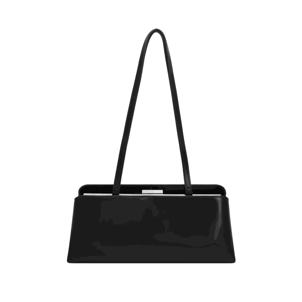 Leclair black handbag with sleek elongated silhouette and structured frame closure