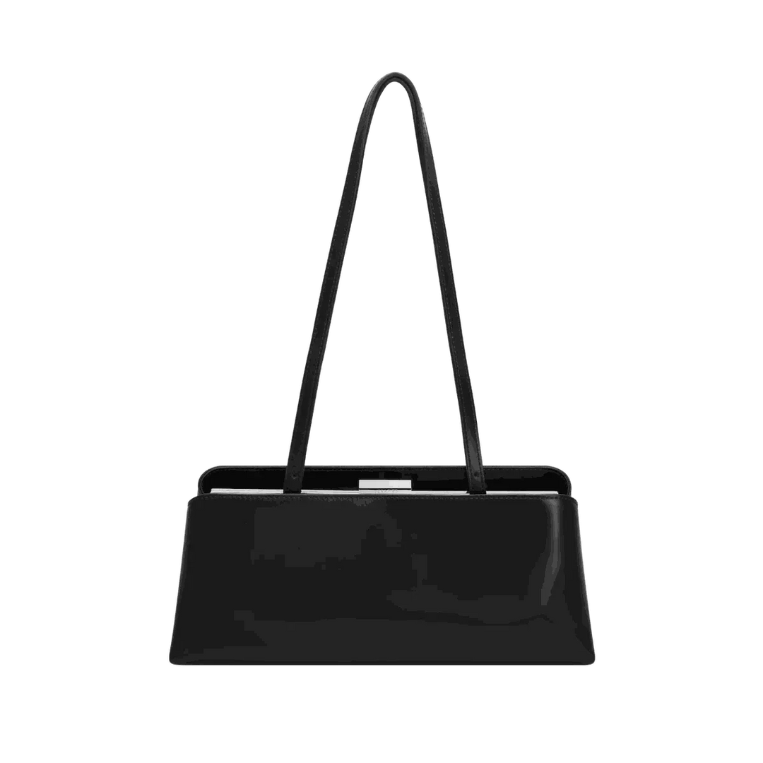 Leclair black handbag with sleek elongated silhouette and structured frame closure