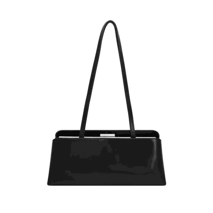 Leclair black handbag with sleek elongated silhouette and structured frame closure