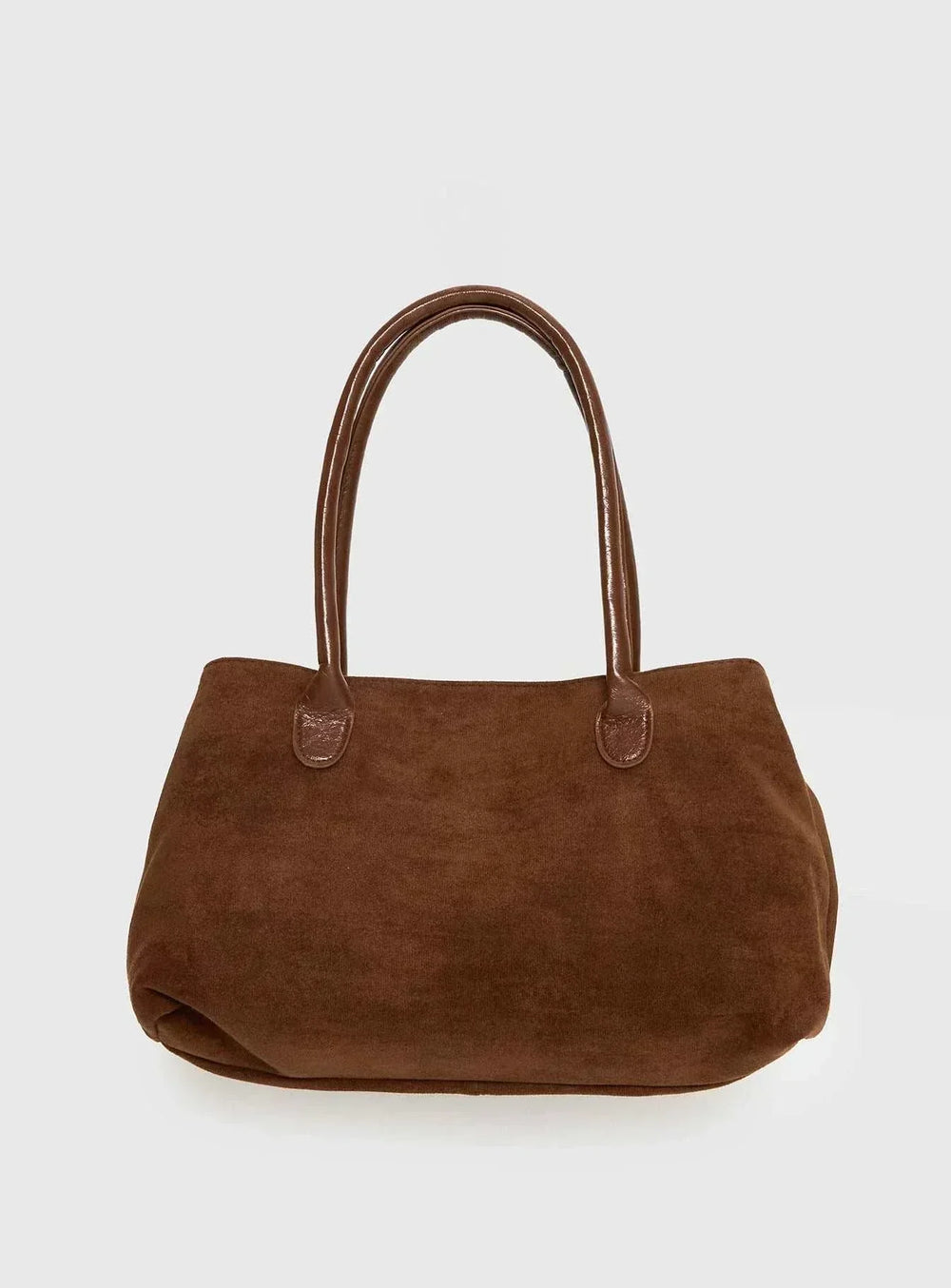 Brown suede Mirelle tote bag with soft folds and belted detail
