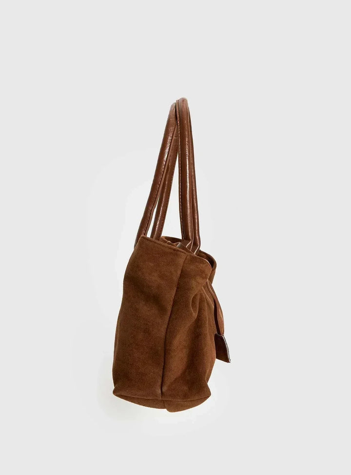 Brown suede Mirelle tote bag with soft structure and belted detail, 40x29x17 cm