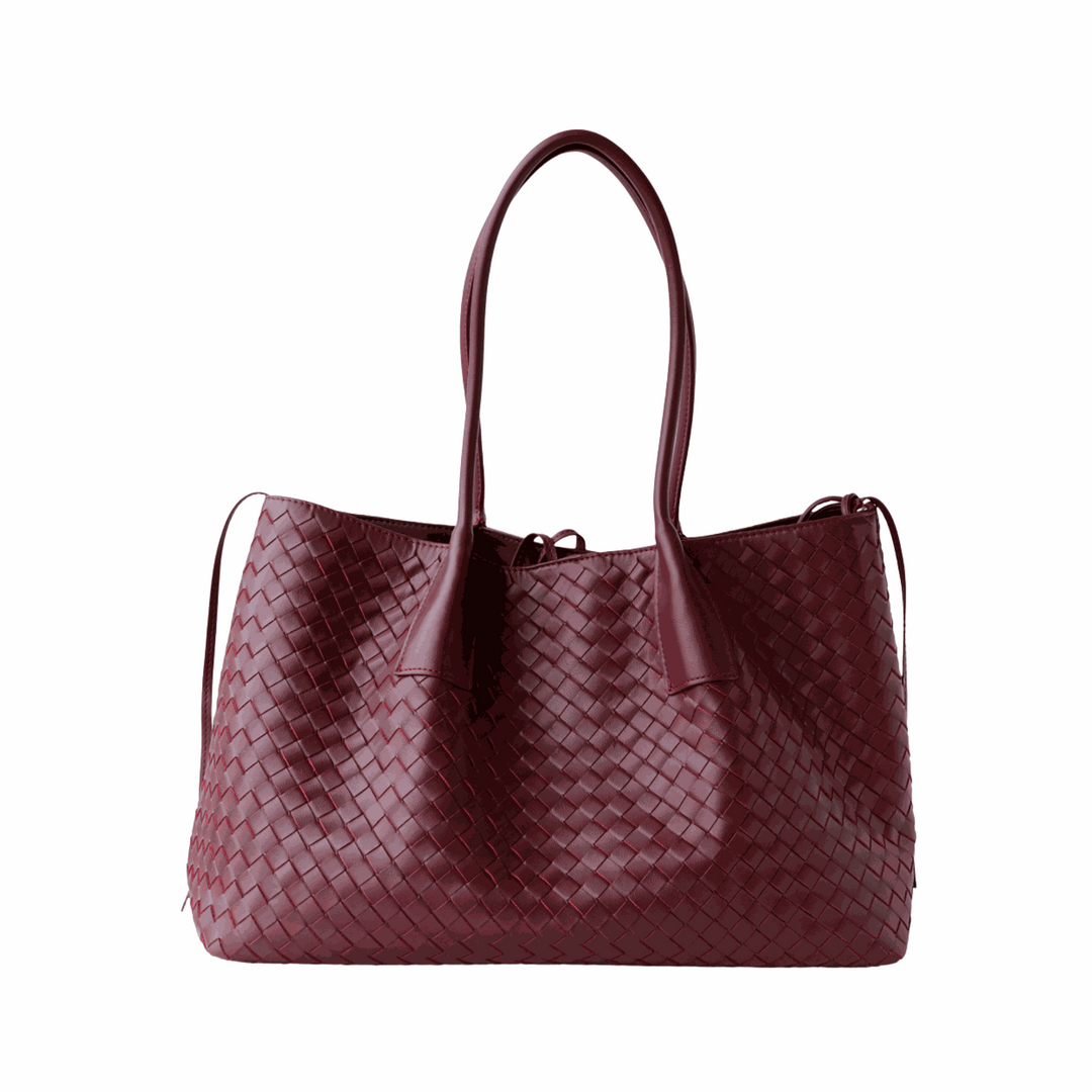 Interlace Woven Tote hand-woven vegan leather tote with velvet lining and extended shoulder handles in versatile colors