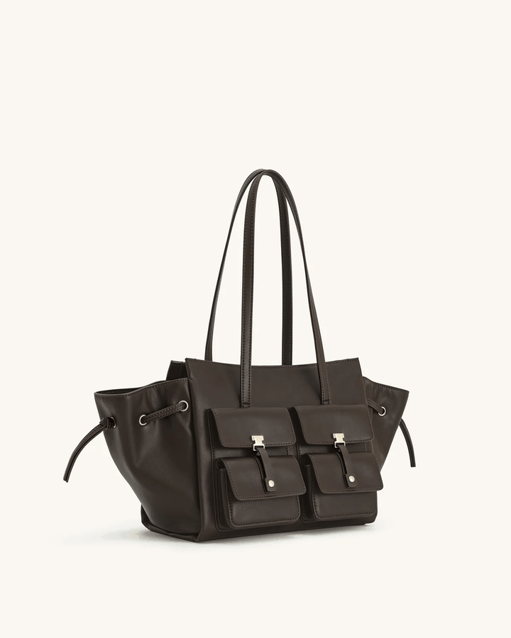 Black Tilda Tote Bag with dual front pockets and metallic accents, 45x13x22 cm, modern chic design