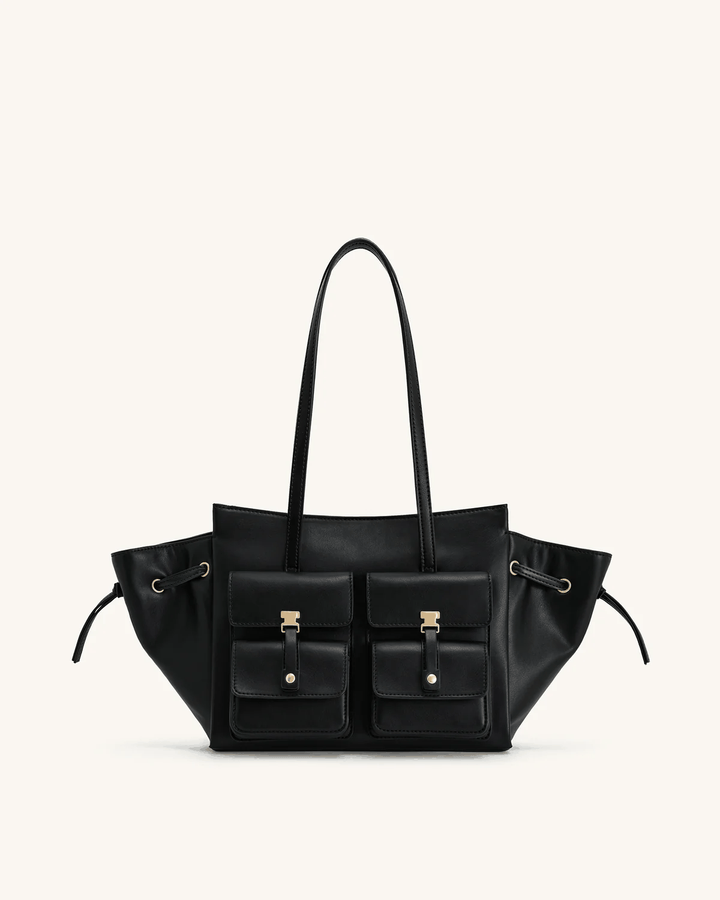 Black Tilda Tote Bag with dual front pockets, extended sides, and metallic accents, 45x13x22 cm
