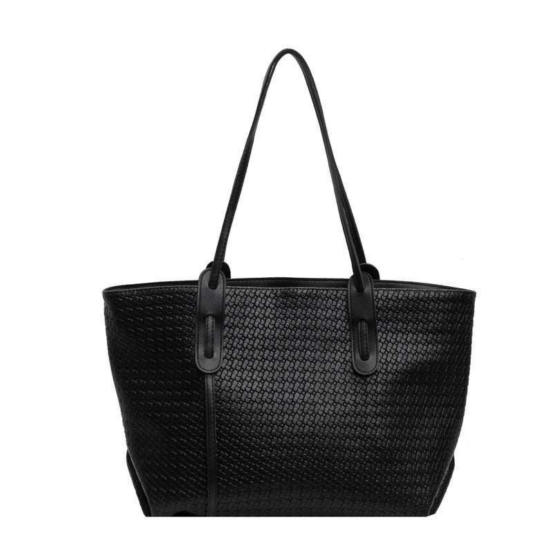 Paloma Woven Tote in brown vegan leather with slim straps and spacious open-top design