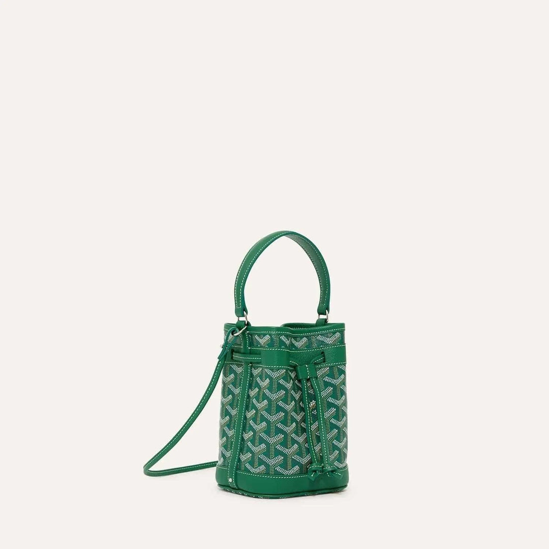Le Petit Flot Mini Bucket vegan leather handbag with adjustable drawstring and removable strap