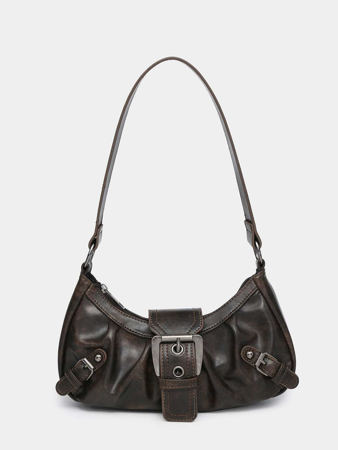 Sloane Buckle Hobo bag in distressed vegan leather with signature buckle and adjustable strap for versatile wear