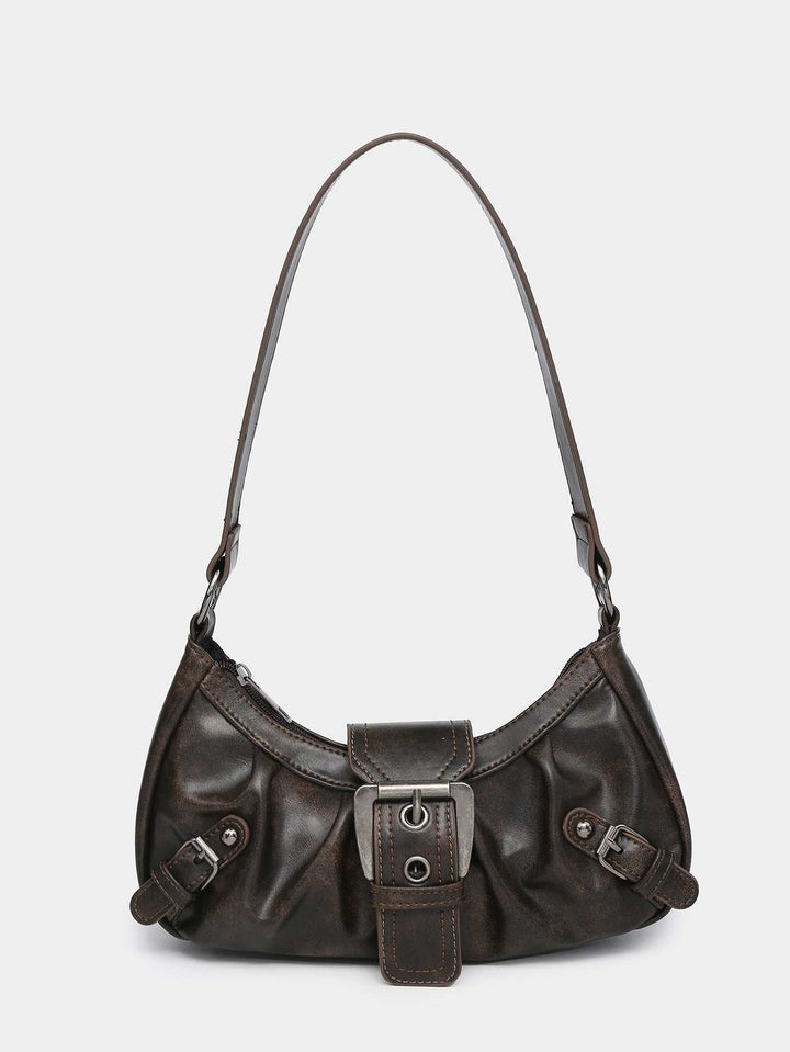 Sloane Buckle Hobo bag in distressed vegan leather with signature buckle and adjustable strap for versatile wear