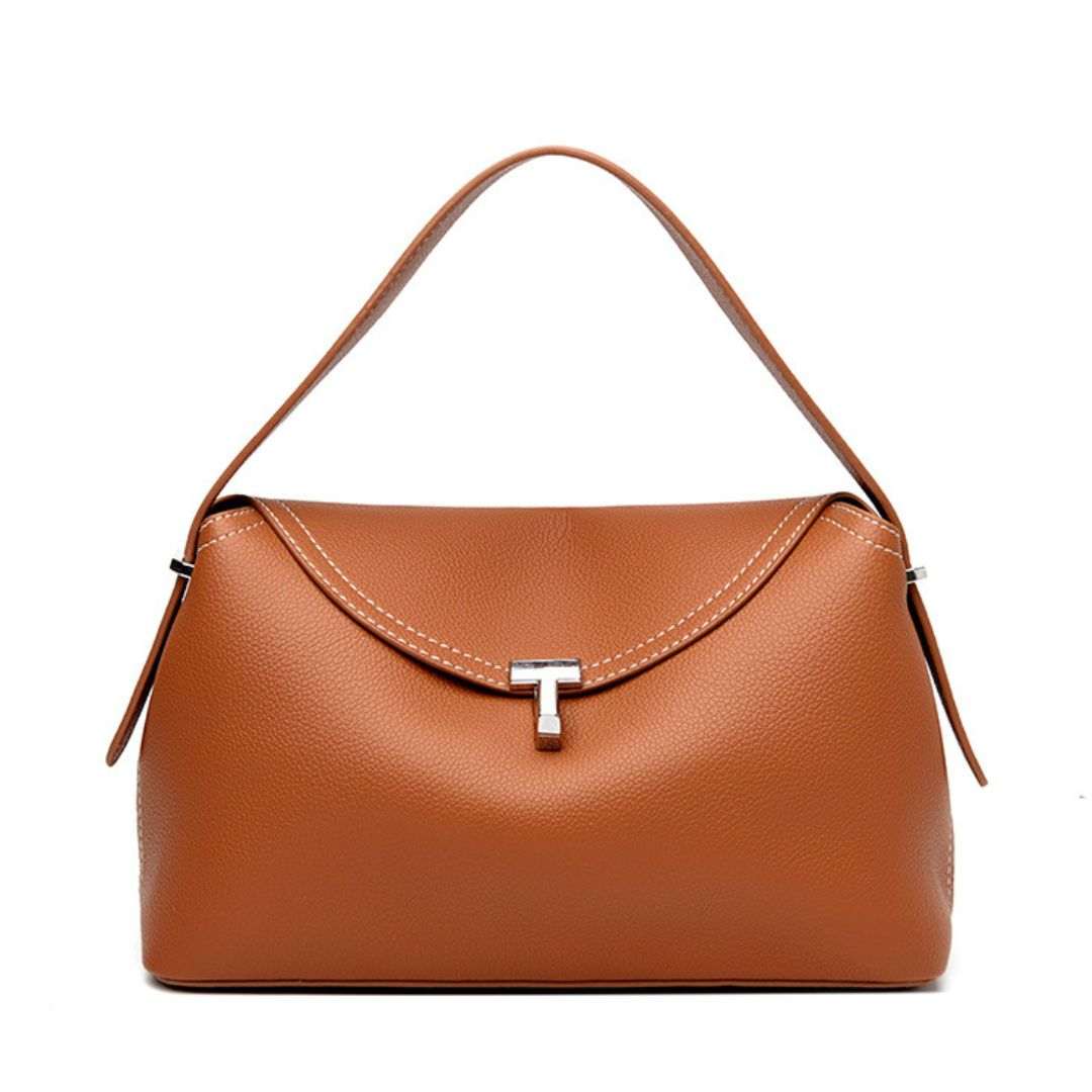 Bellamy Curved Handbag in premium vegan leather with graceful curved silhouette and organized compartments