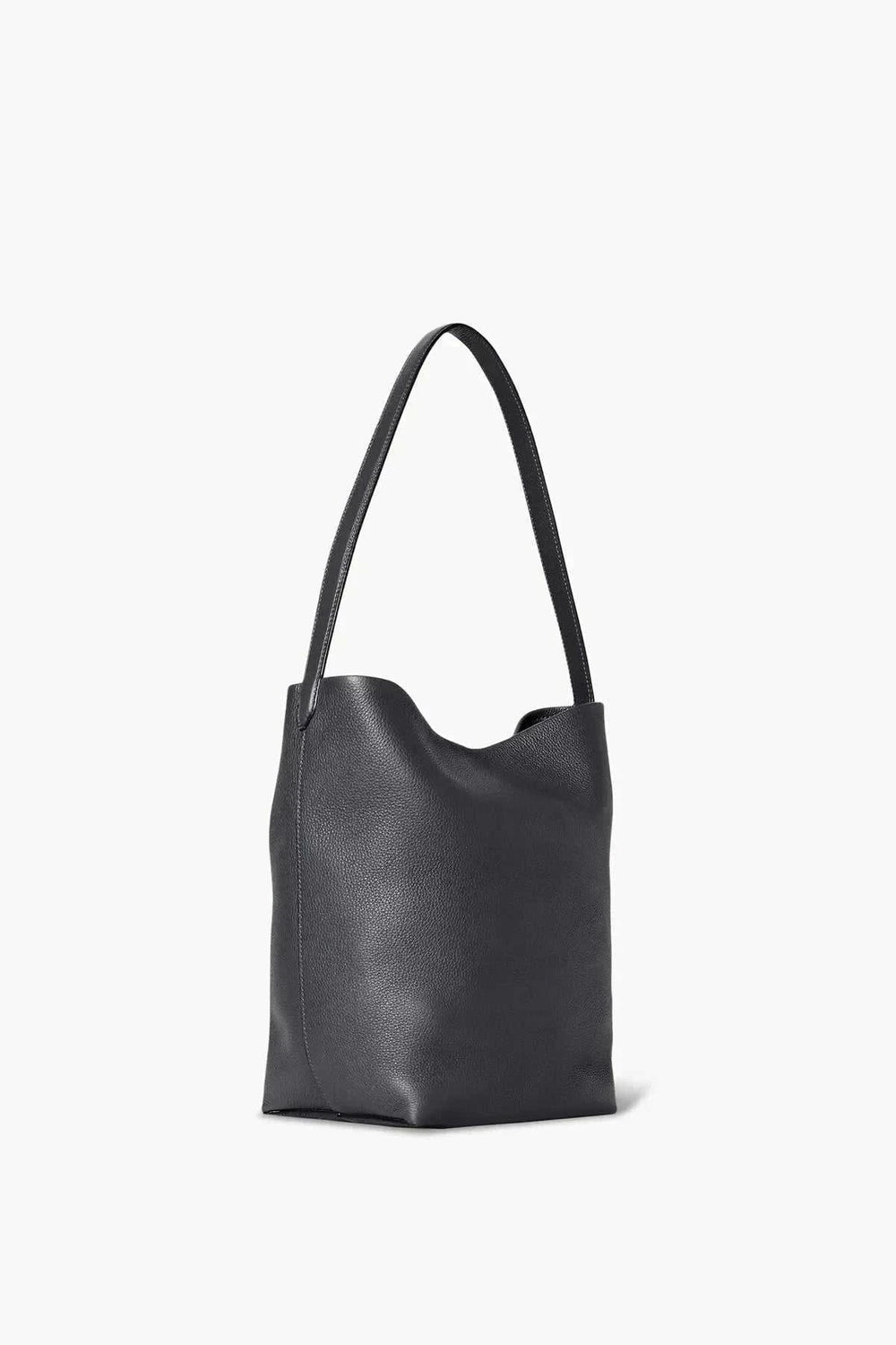 Black vegan leather shoulder bag with a soft unstructured hobo silhouette and single strap