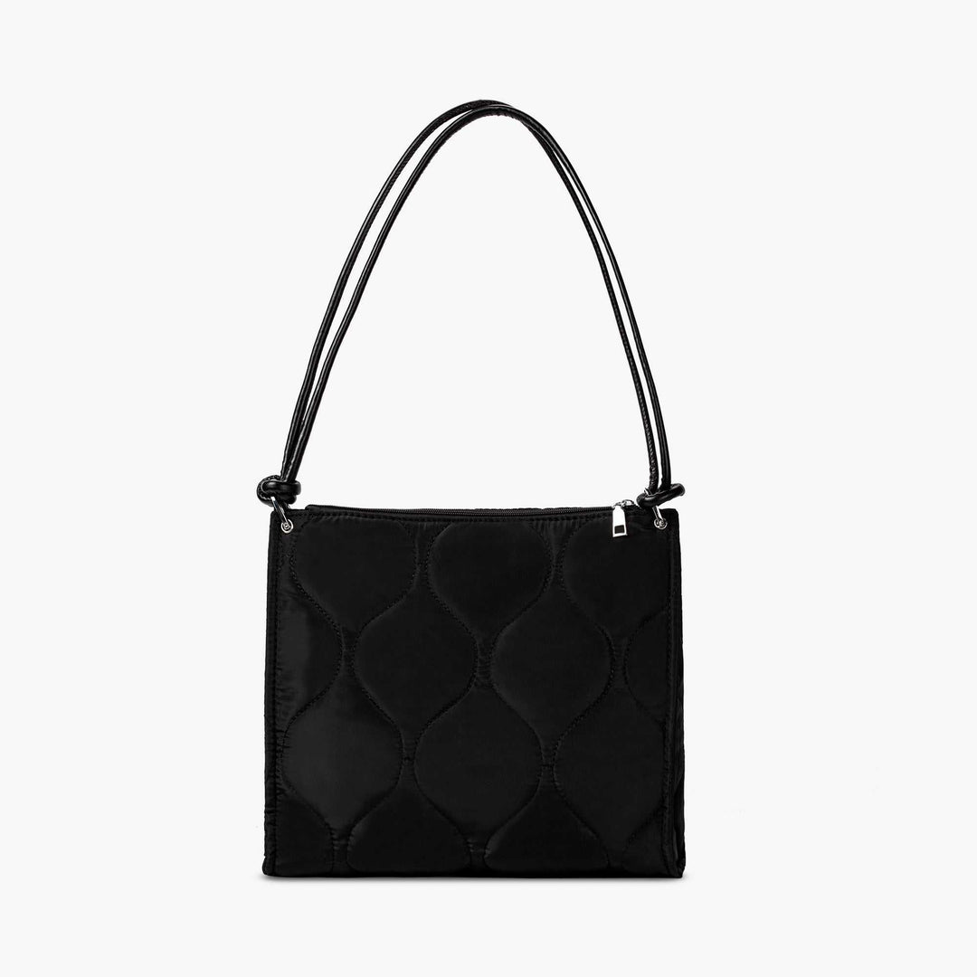 Sienna Quilted Tote with quilted cotton and nylon, vegan leather straps, and zippered compartment