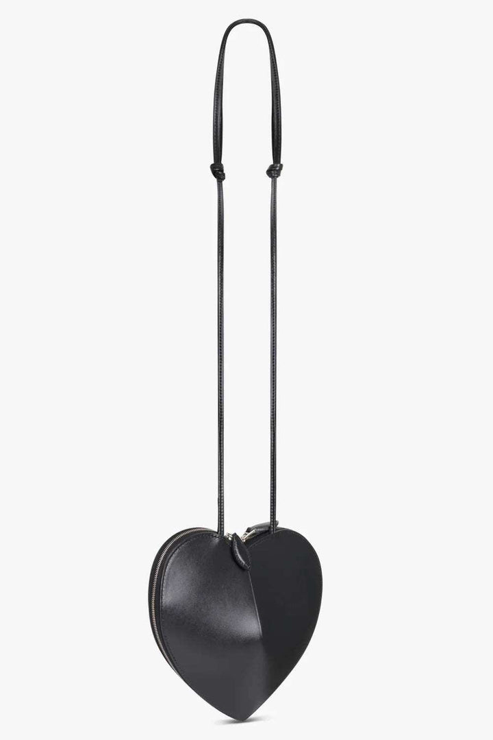 Black heart-shaped 3D crossbody bag with adjustable strap and dual zip closure