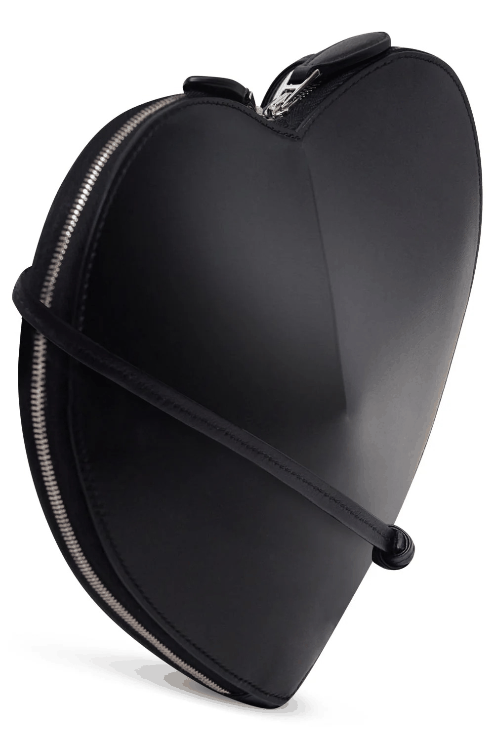 Black 3D heart-shaped smooth vegan leather crossbody bag with dual zip closure and adjustable strap