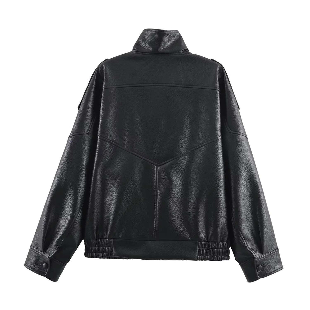 Black oversized faux leather jacket with high funnel neck and asymmetrical front panel
