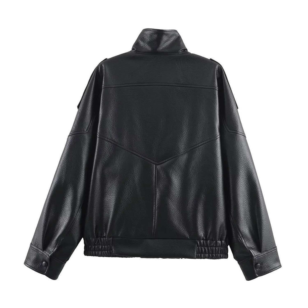 Black oversized faux leather jacket with high funnel neck and asymmetrical front panel