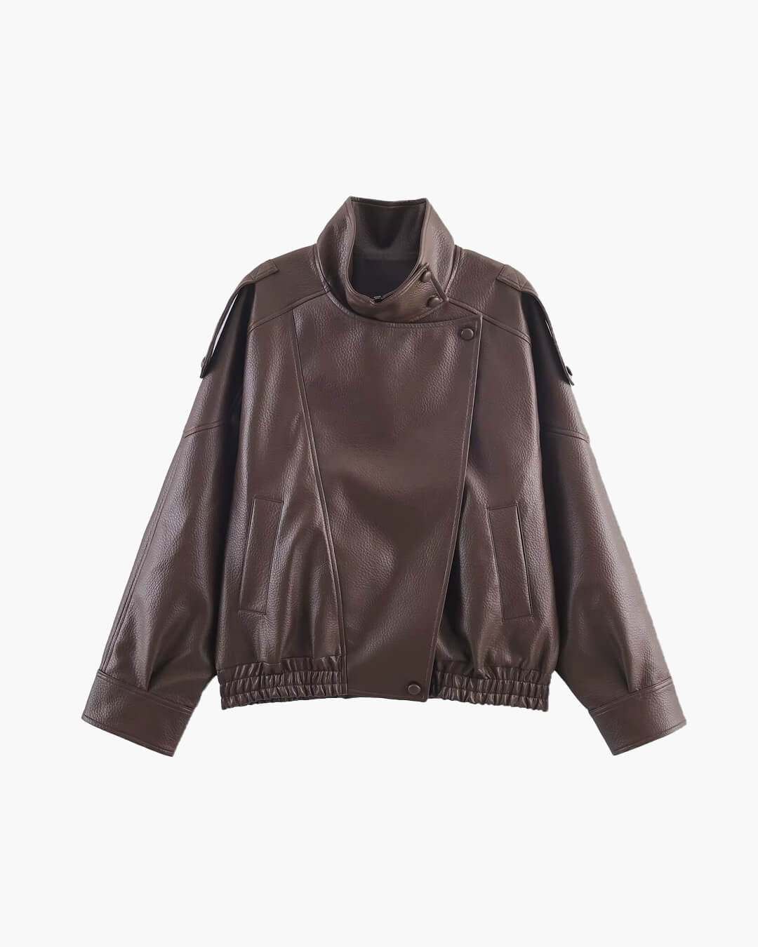 Women's oversized Brown faux leather biker jacket with high collar and elastic hem on white background.
