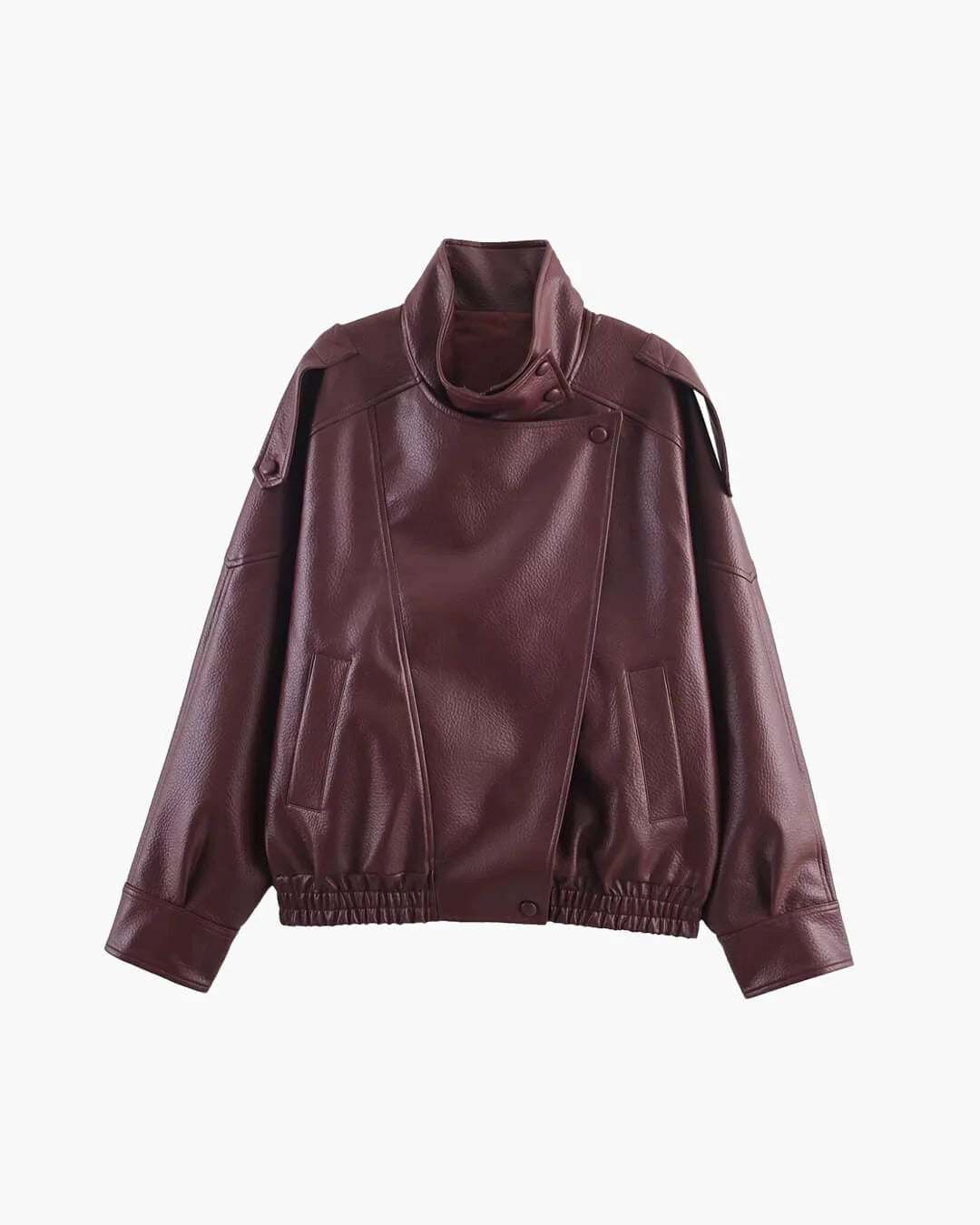 Women's oversized Burgundy faux leather biker jacket with high collar and elastic hem on white background.