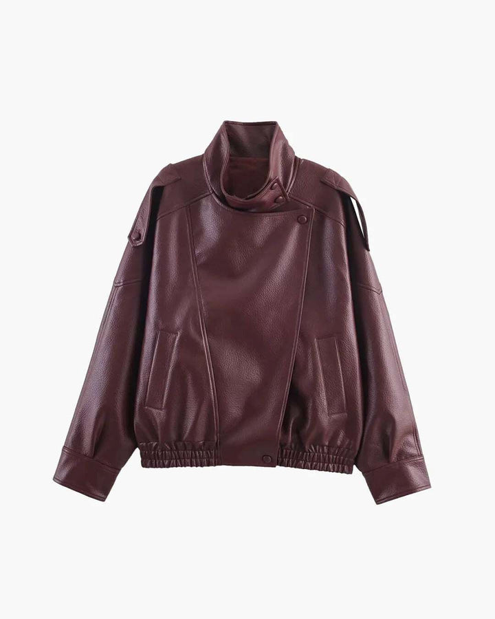 Women's oversized Burgundy faux leather biker jacket with high collar and elastic hem on white background.