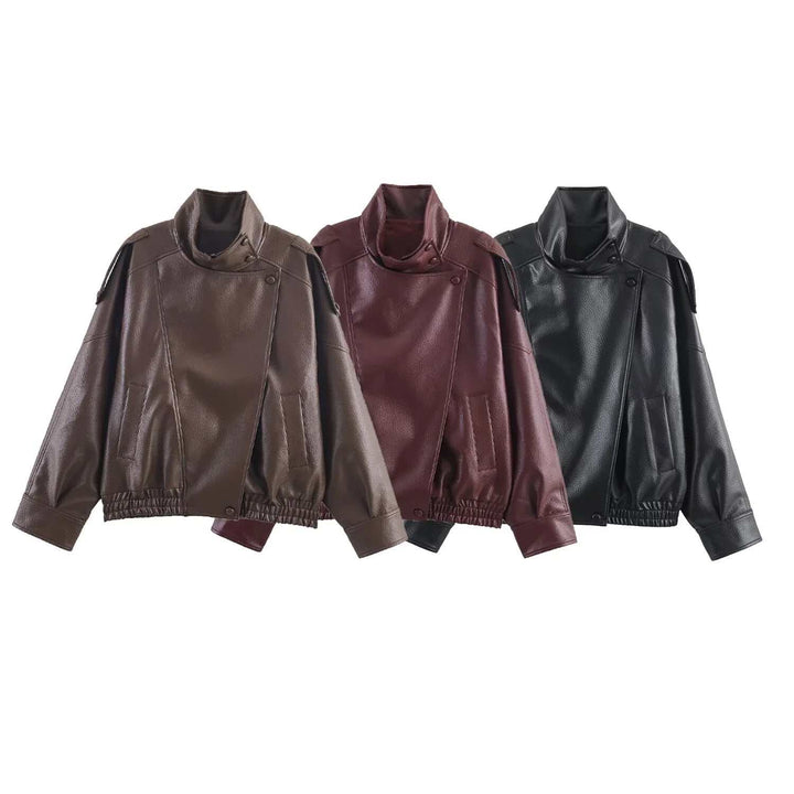 Oversized faux leather jackets with high funnel necks and snap-button closures in brown, burgundy, and black colors