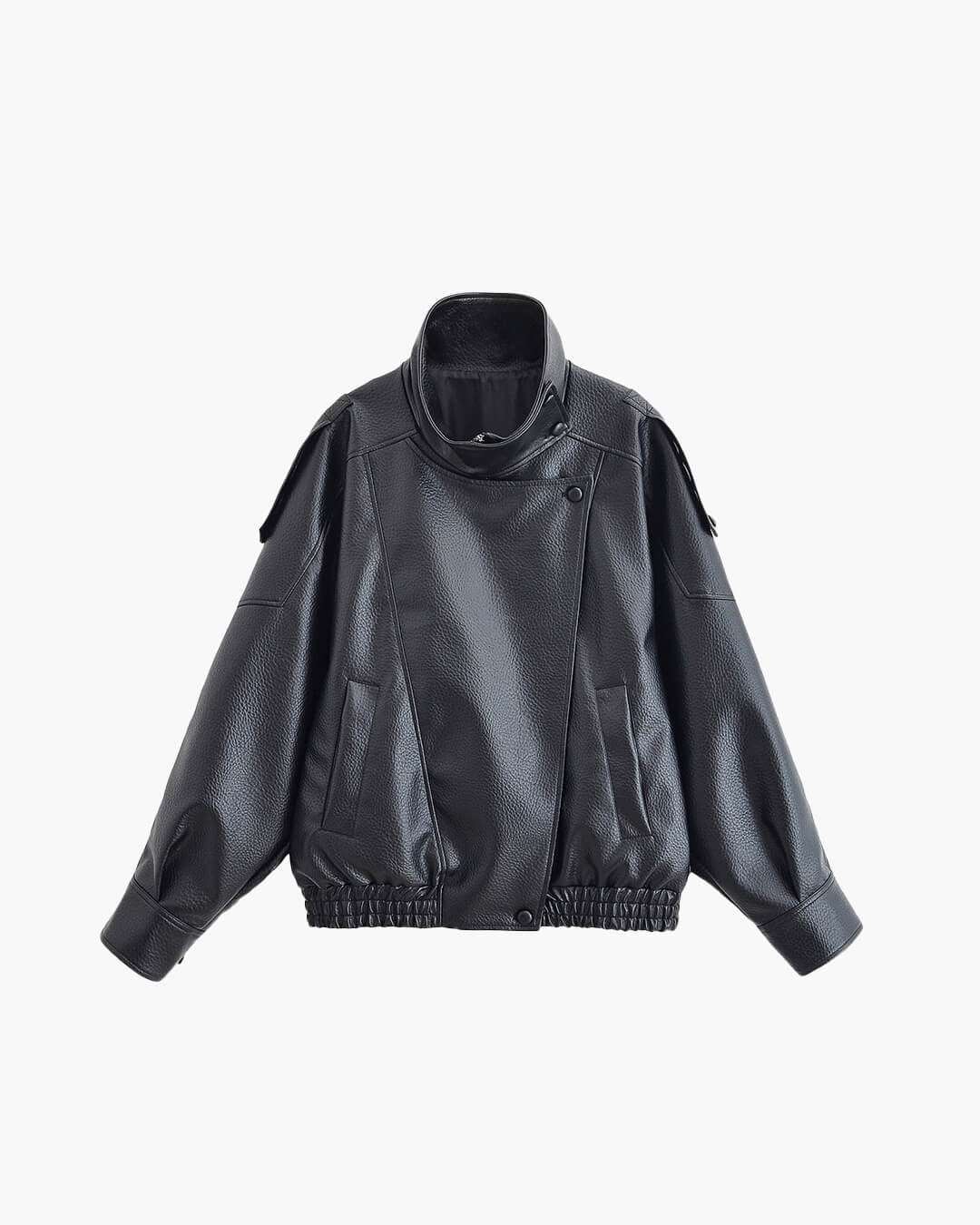 Black oversized faux leather funnel neck jacket with snap-button closure and elasticated hem