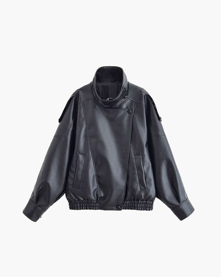 Black oversized faux leather funnel neck jacket with snap-button closure and elasticated hem