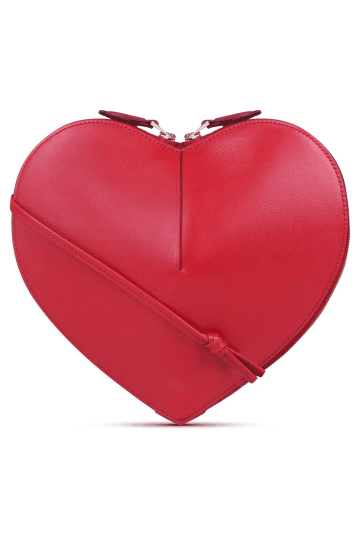 Red heart-shaped 3D vegan leather crossbody bag with dual zip and adjustable strap