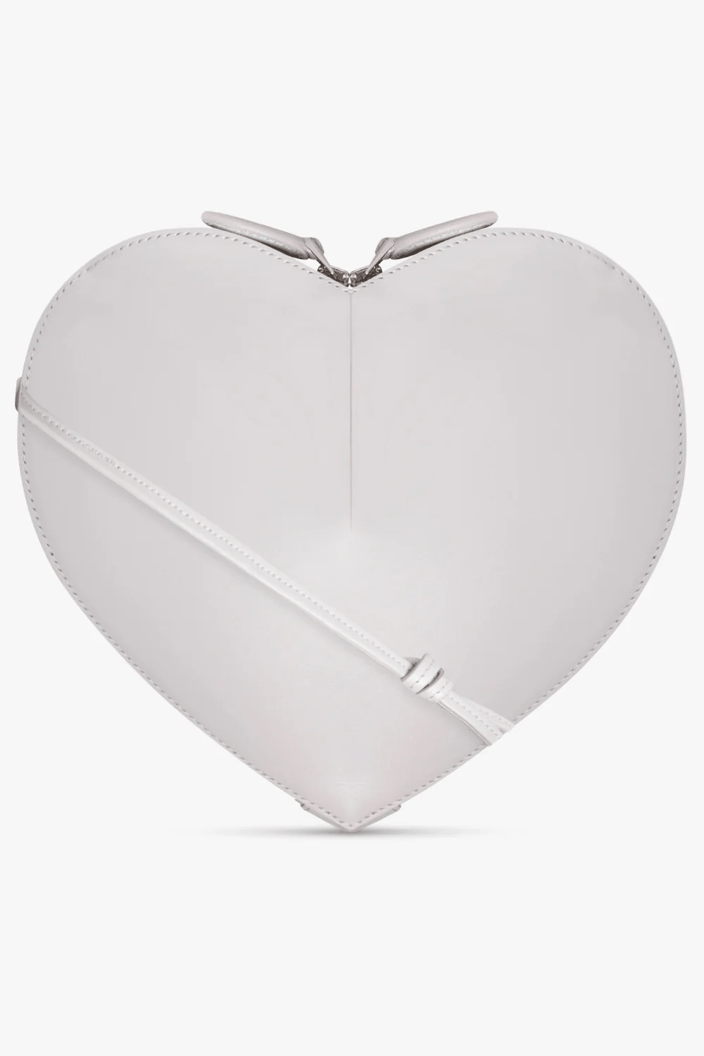 white 3D heart-shaped vegan leather crossbody bag with dual zip closure and adjustable strap