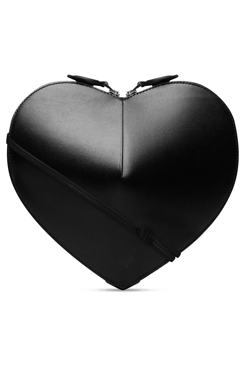Black heart-shaped 3D crossbody bag with smooth vegan leather and dual zip closure