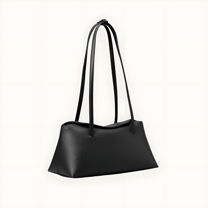 Black Christelle leather shoulder bag with magnetic snap closure and dual straps.